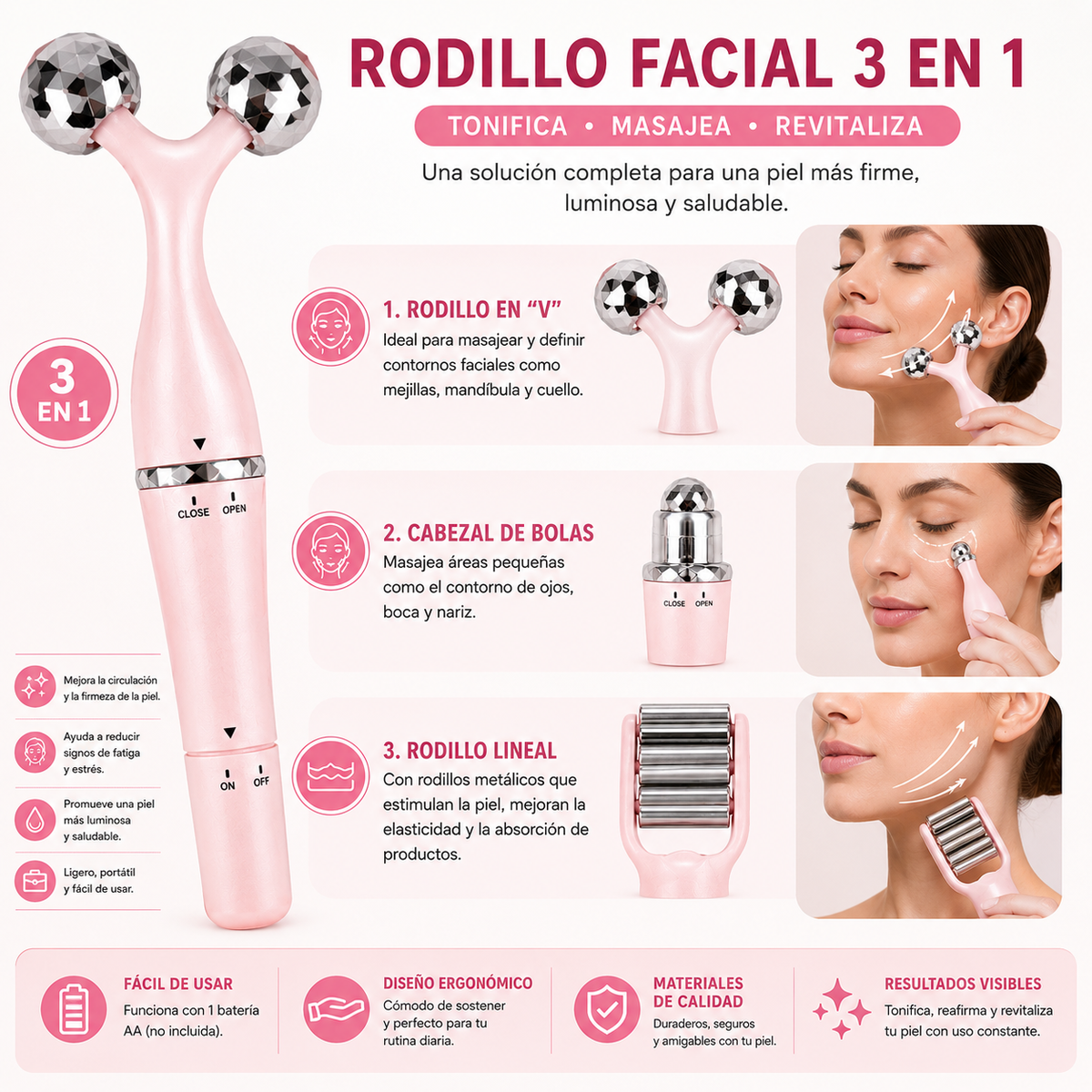 Rodillo Masajeador Facial 3 en 1