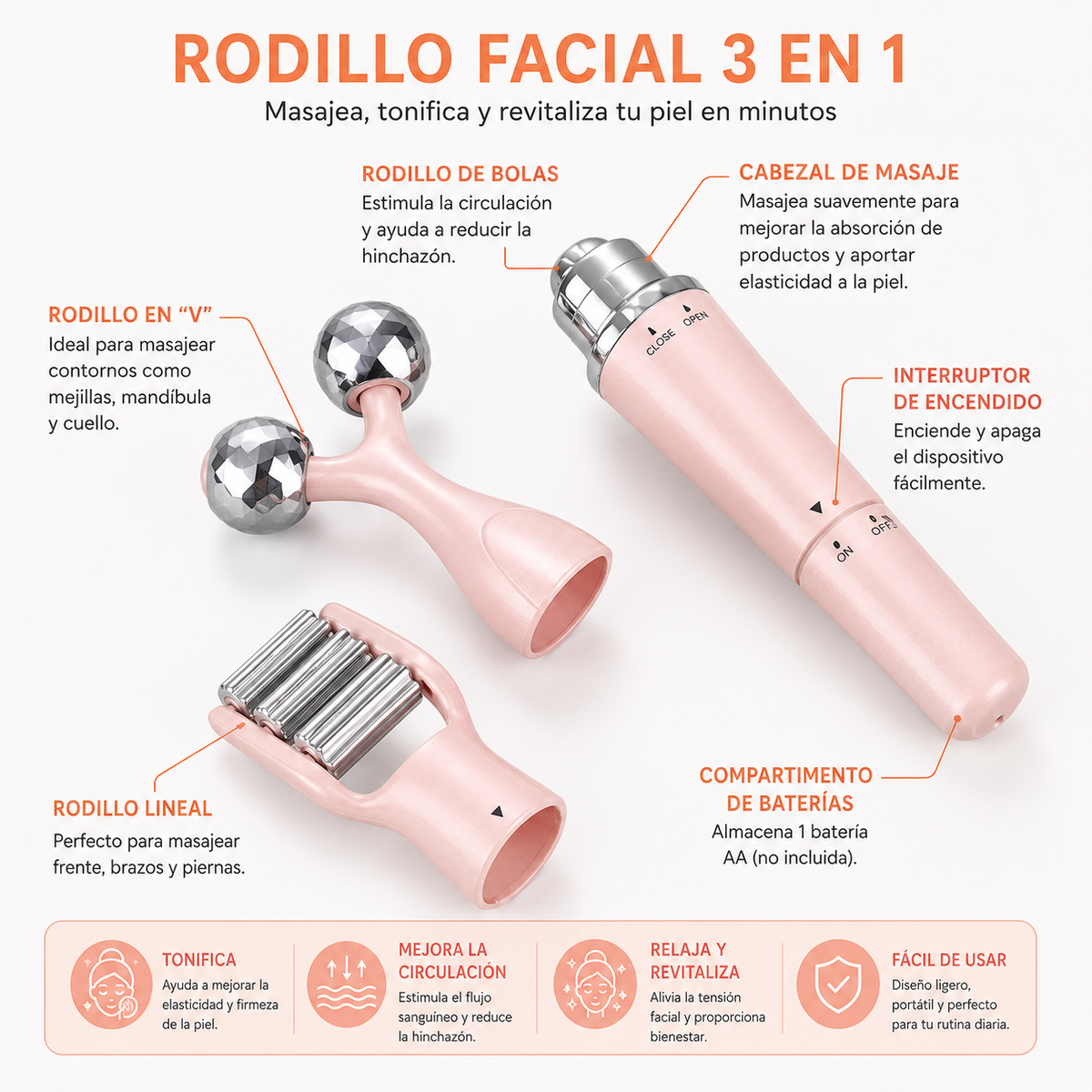 Rodillo Masajeador Facial 3 en 1