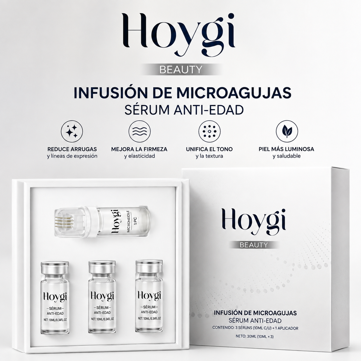 SET SÉRUM ANTIEDAD CON MICROAGUJAS 3X10ML. HOYGI MICRONEEDLING